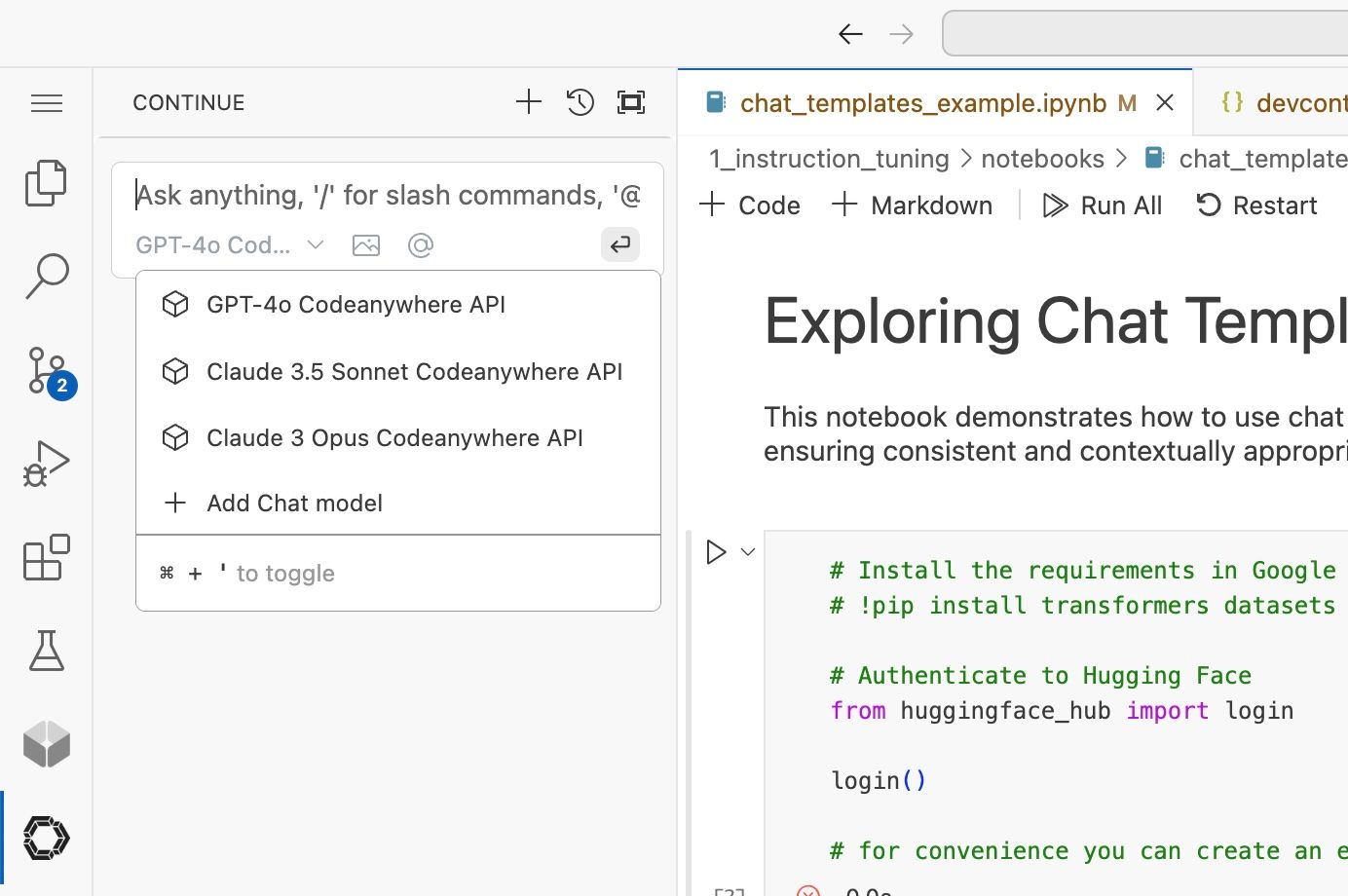Continue.dev AI assistant in Codeanywhere